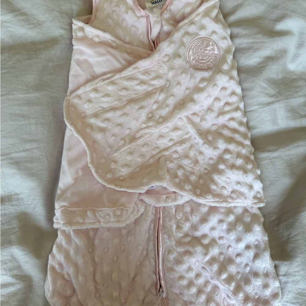 Halo SleepSack Swaddle in pink plushy dot velboa